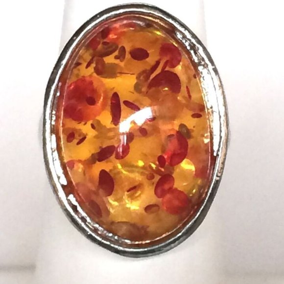 Vintage Faux Honey Amber Cocktail Ring Size 7 8 Oval Cut Silver Plated Simulated - Picture 6 of 9